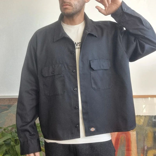 Vintage Dickies Boxy Fit Cropped Shirt Long Sleeve XXL plain Black Button Up Skater Y2K Surf
