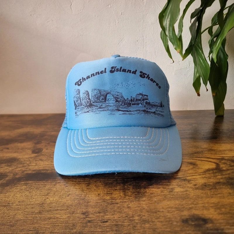 Vintage American Trucker Hat Snapback cap one size adjustable channel island light blue