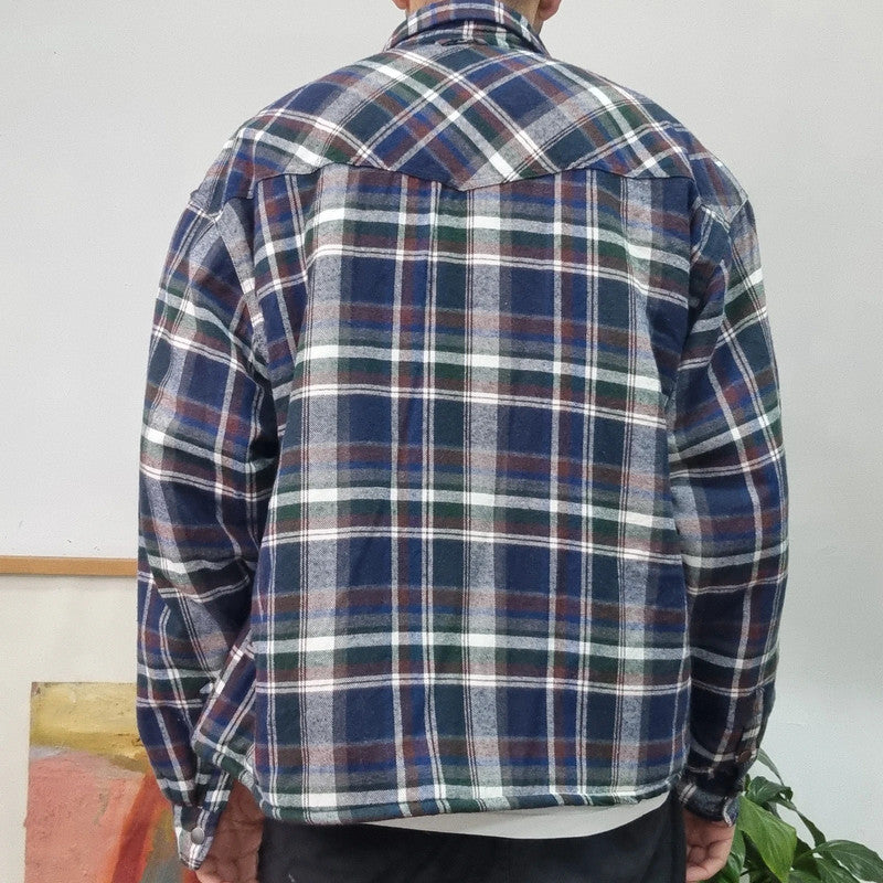 Roper Boxy Fit Cropped Over Shirt heavy weight sherpa lined long Sleeve Large check multi Button up