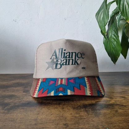 Vintage American Trucker Hat Snapback cap one size adjustable beige multi alliance bank