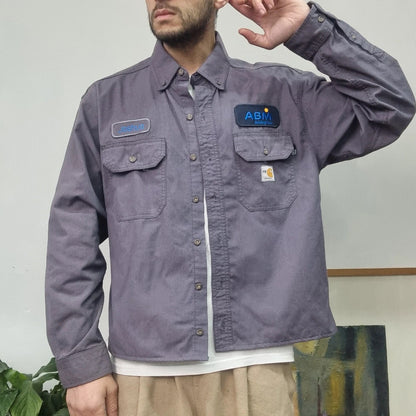 Carhartt FR Boxy Fit Cropped Shirt long Sleeve large plain grey Button Up Skater Y2K Surf