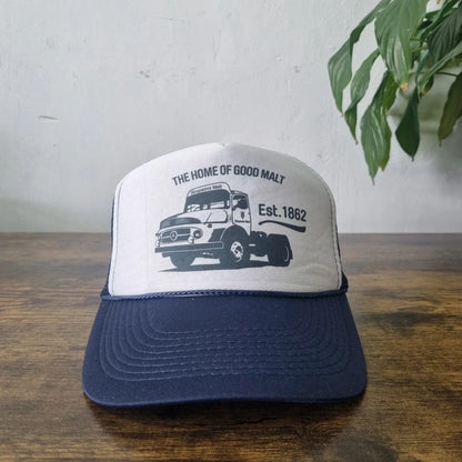 Vintage American Trucker Hat Snapback cap one size adjustable navy white truck Malt company