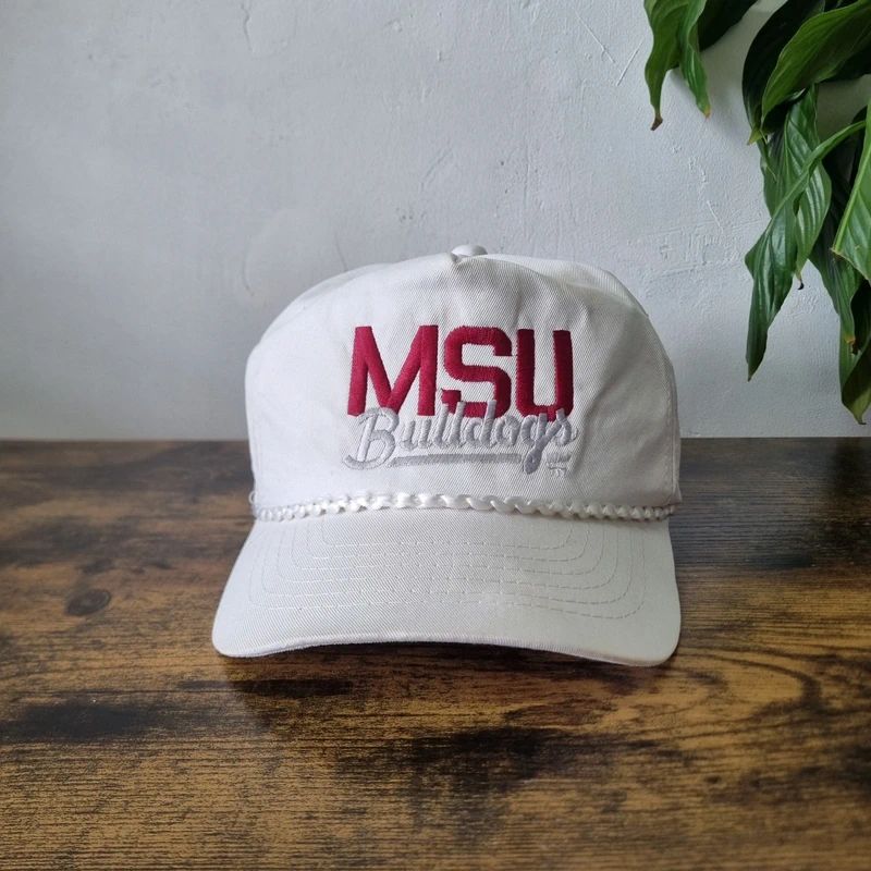Vintage American Trucker Hat Snapback cap one size adjustable white MSU bulldogs