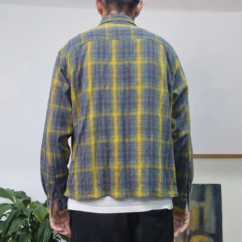 Vintage Columbia Boxy Fit Cropped Shirt Long Sleeve Large Check Blue Button Up Skater Y2K Surf