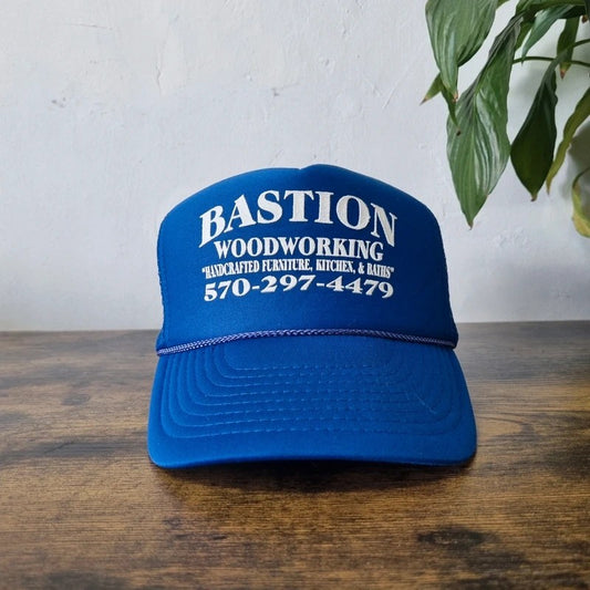 Vintage American Trucker Hat Snapback cap one size adjustable blue bastion woodworking