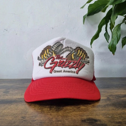 Vintage American Trucker Hat Snapback cap one size adjustable red white the grizzly ride