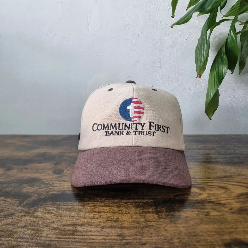 Vintage American baseball Hat Snapback cap one size adjustable community first bank beige brown