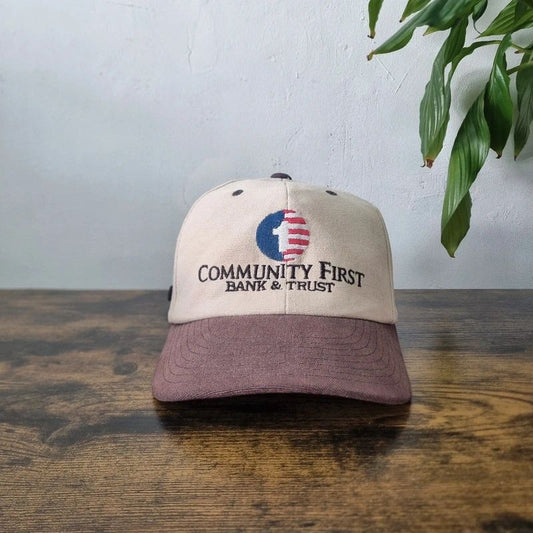 Vintage American baseball Hat Snapback cap one size adjustable community first bank beige brown