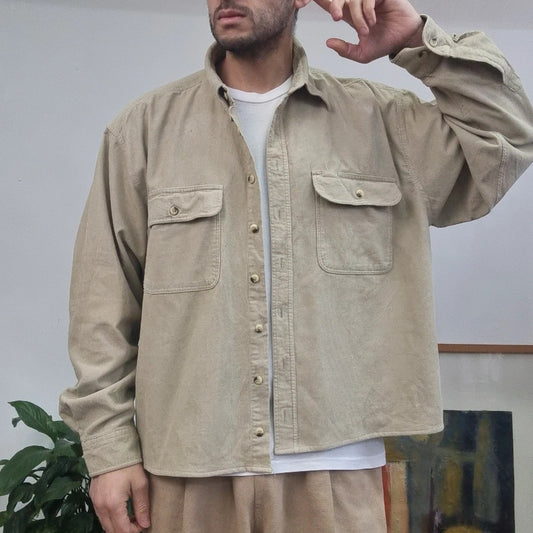 Vintage Corduroy Boxy Fit Cropped Shirt Long Sleeve XL plain beige Button Up Skater Y2K Surf