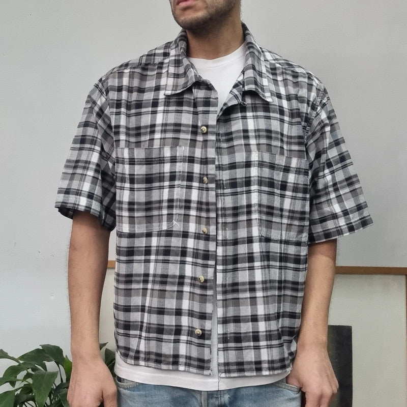 Vintage Dickies Boxy Fit Cropped Shirt Short Sleeve XL check Black Button Up Skater Y2K Surf