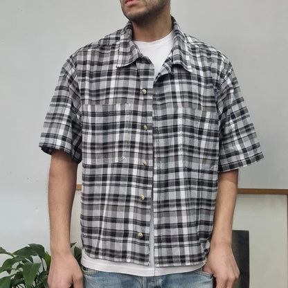 Vintage Dickies Boxy Fit Cropped Shirt Short Sleeve XL check Black Button Up Skater Y2K Surf