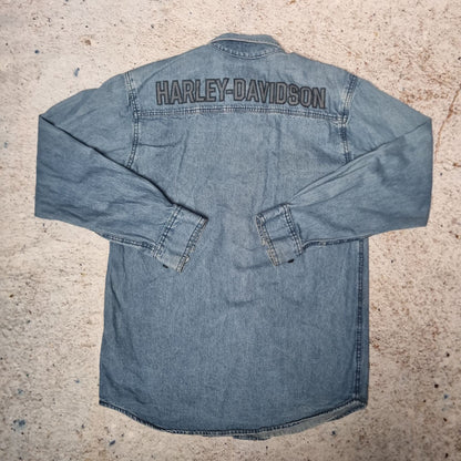 Harley Davidson Shirt Mens Denim Style Long Sleeve Overshirt - Blue - Size S