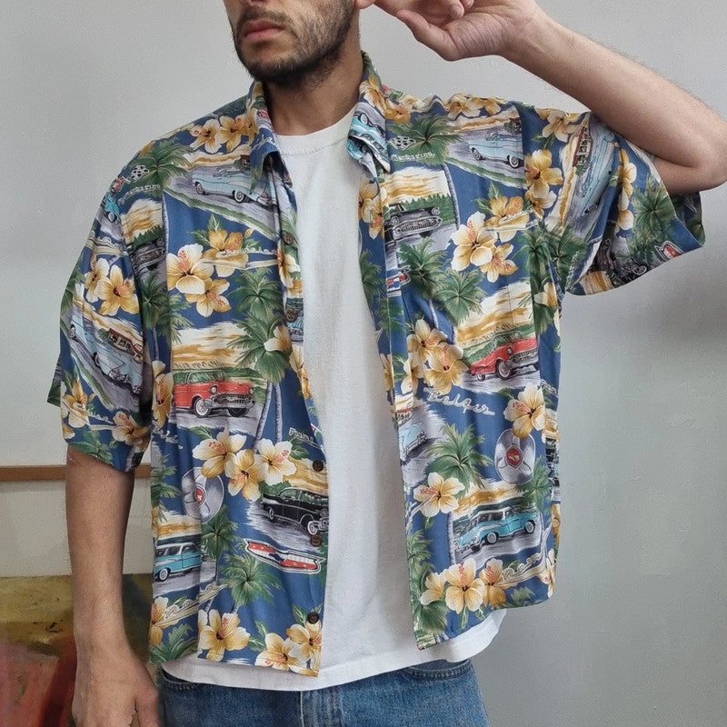 Vintage Hawaii Boxy Fit Cropped Shirt Short Sleeve XL print multi  Button Up Skater Y2K Surf