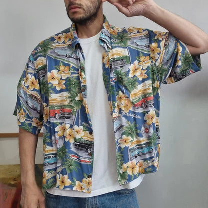 Vintage Hawaii Boxy Fit Cropped Shirt Short Sleeve XL print multi  Button Up Skater Y2K Surf