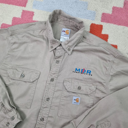 Vintage Carhartt FR Boxy Fit Cropped Shirt Long Sleeve XL plain Beige Button Up Skater Y2K Surf