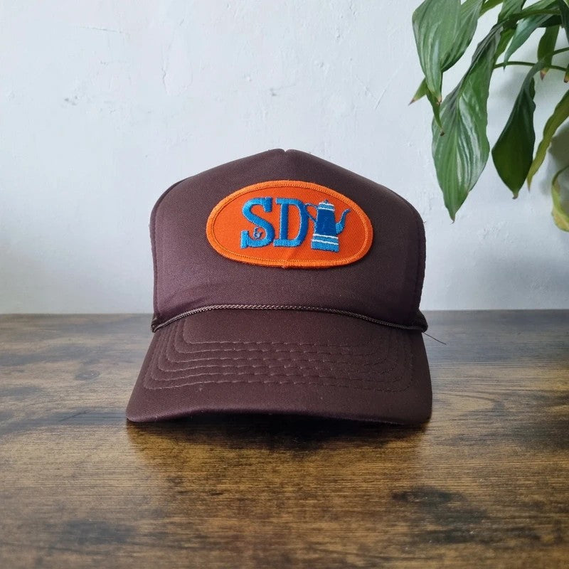 Vintage American Trucker Hat Snapback cap one size adjustable brown SD coffee pot