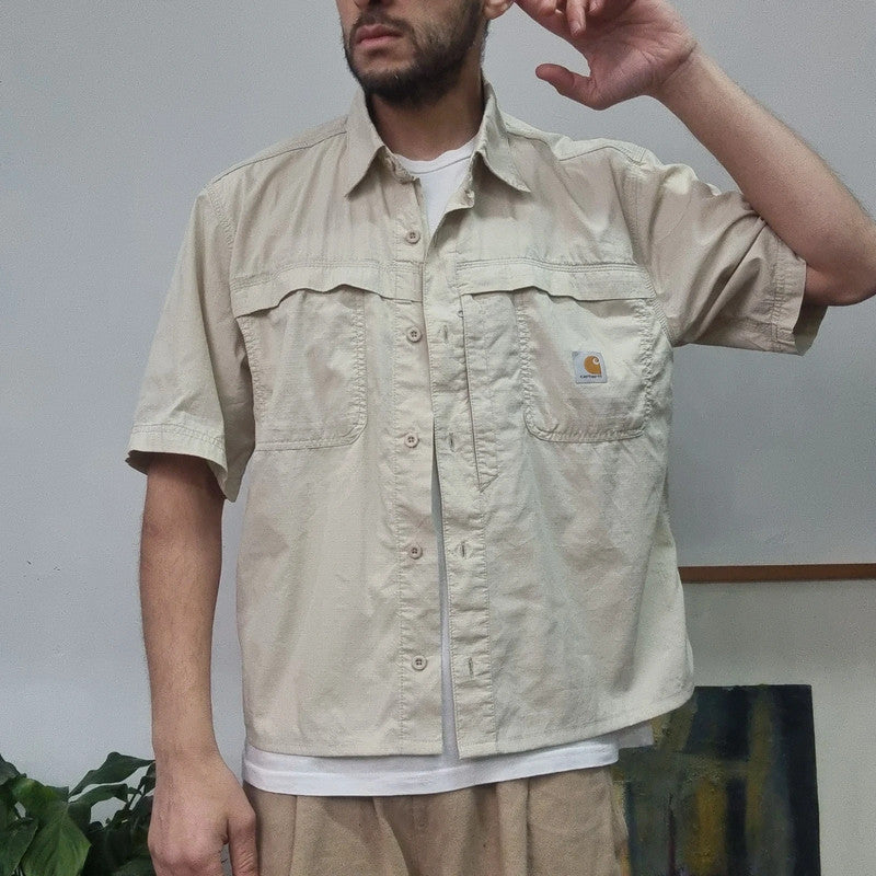 Carhartt Boxy Fit Cropped Shirt Short Sleeve large plain cream Button Up Skater Y2K Surf