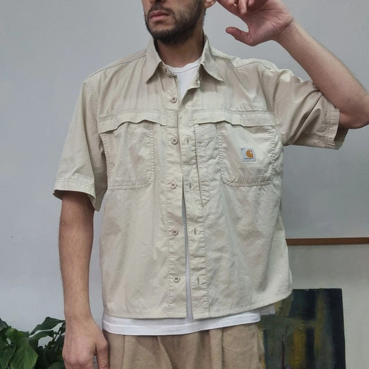 Carhartt Boxy Fit Cropped Shirt Short Sleeve large plain cream Button Up Skater Y2K Surf