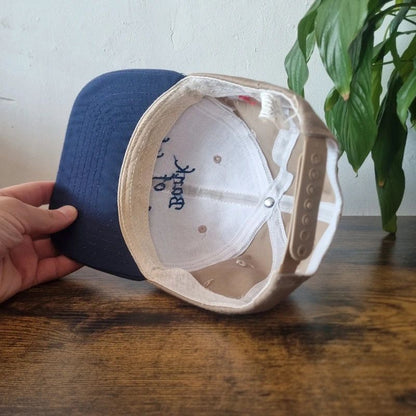 Vintage American baseball Hat Snapback cap one size adjustable beige navy bank of bloomsdale