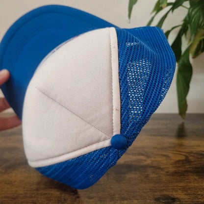 Vintage American Trucker Hat Snapback cap one size adjustable white blue travel time
