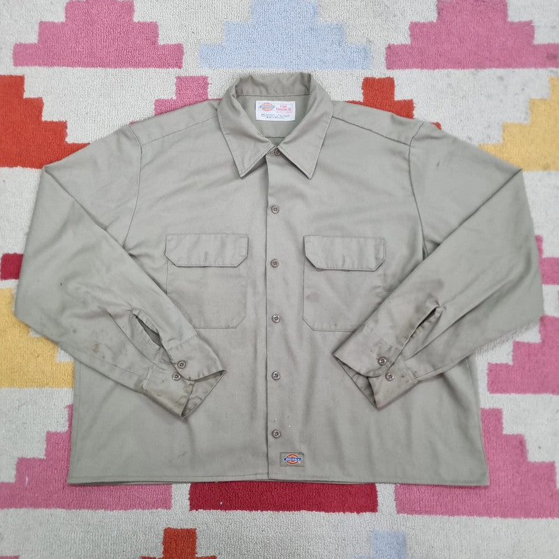 Vintage Dickies Boxy Fit Cropped Shirt Long Sleeve XL plain Beige Button Up Skater Y2K Surf