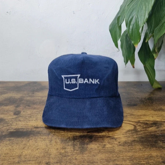 Vintage American Trucker Hat Snapback cap one size adjustable navy corduroy U.S. Bank