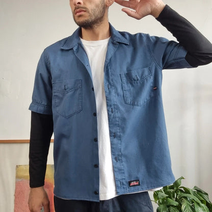 Vintage Dickies Boxy Fit Cropped shirt long Sleeve Medium plain Blue button Up Skater Y2K Surf