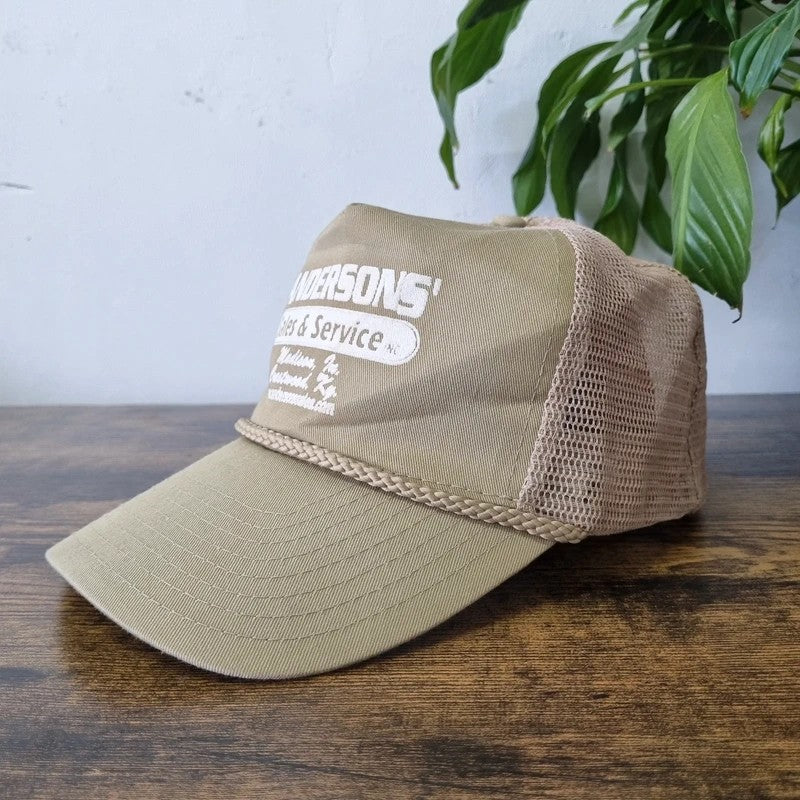 Vintage American Trucker Hat Snapback cap one size adjustable beige anderson sales & service