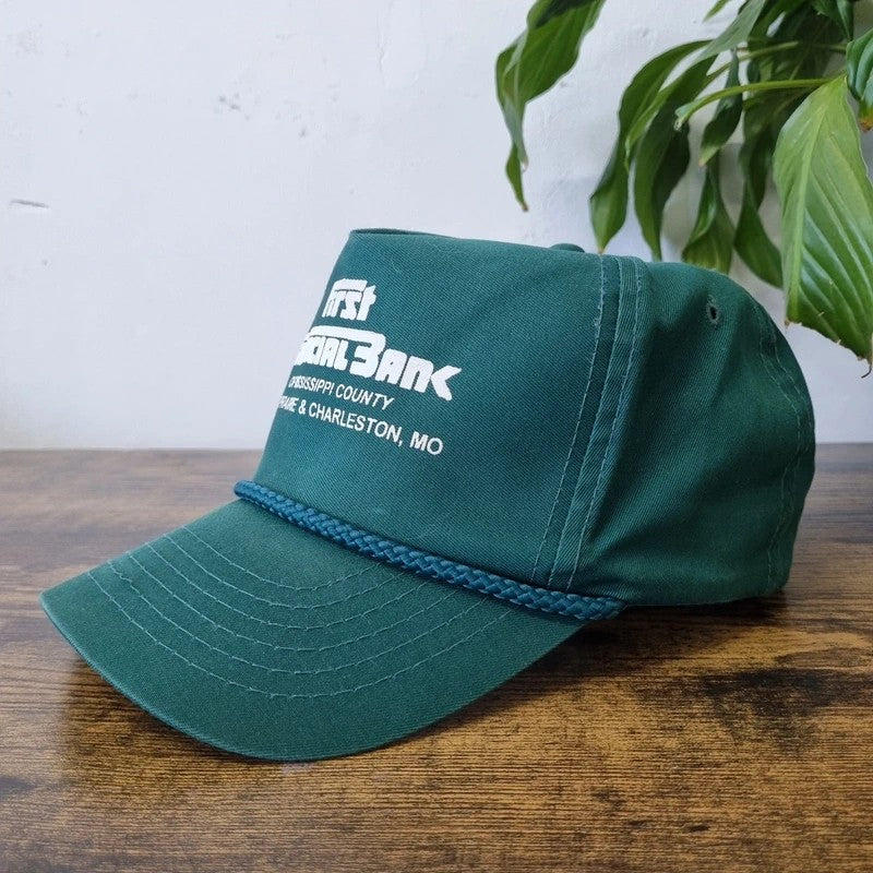 Vintage American Trucker Hat Snapback cap one size adjustable green first financial bank