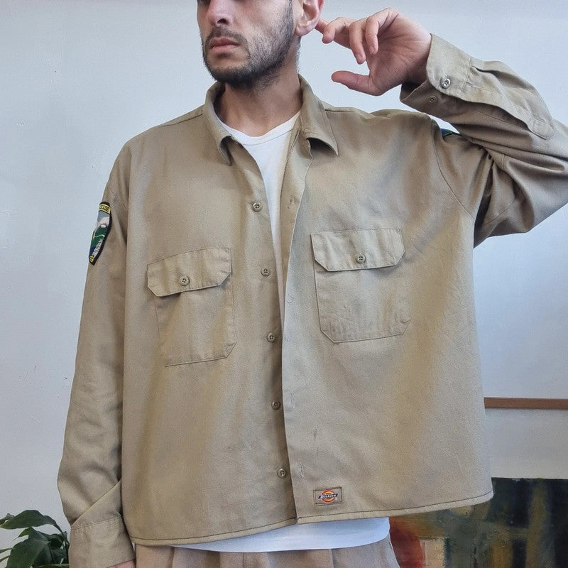 Vintage Dickies Boxy Fit Cropped Shirt Long Sleeve XXL plain Beige Button Up Skater Y2K Surf