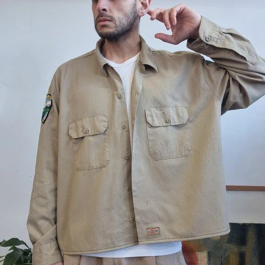 Vintage Dickies Boxy Fit Cropped Shirt Long Sleeve XXL plain Beige Button Up Skater Y2K Surf