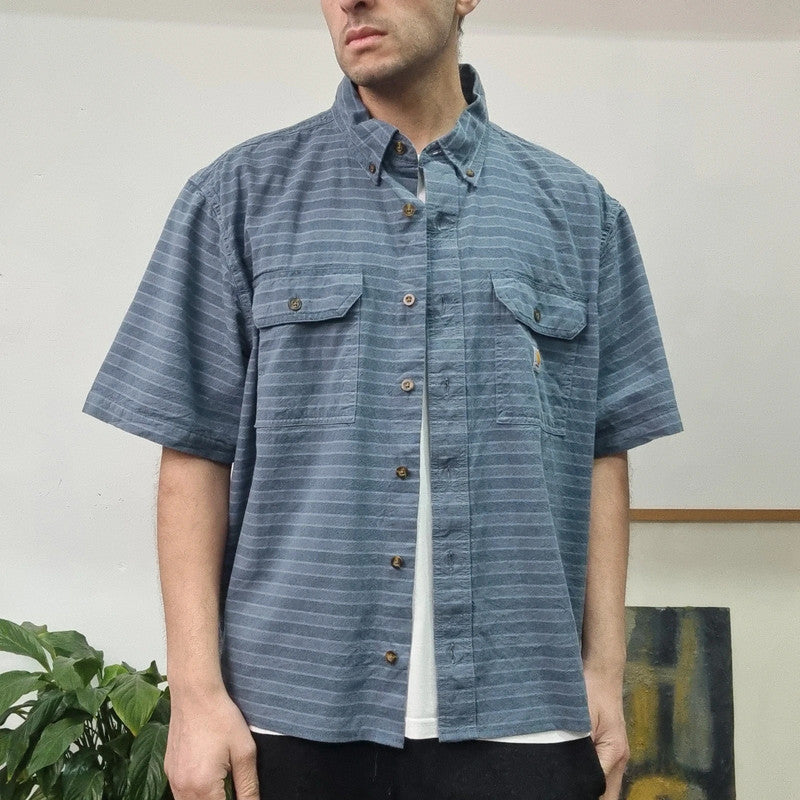 Carhartt Boxy Fit Cropped Shirt Short Sleeve XL Striped Blue Button Up Skater Y2K Surf