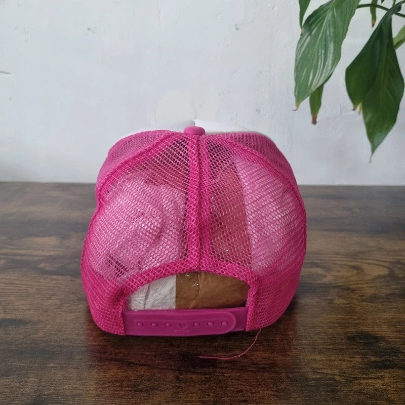 Vintage American Trucker Hat Snapback cap one size adjustable pink white farm discovery truck
