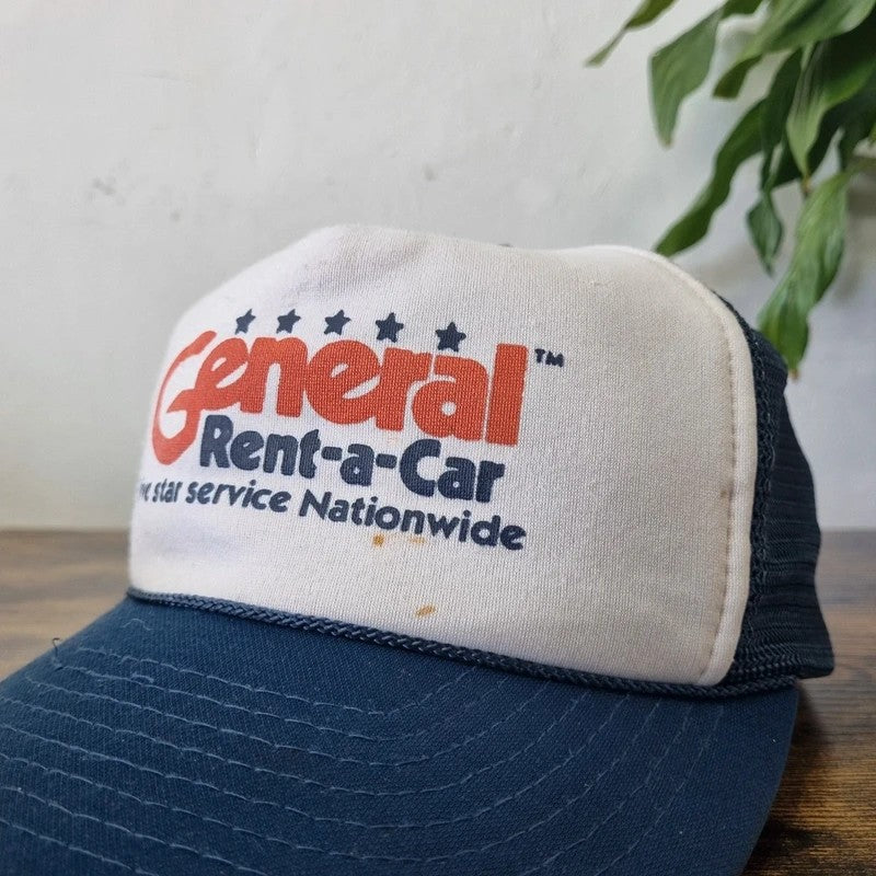 Vintage American Trucker Hat Snapback cap one size adjustable blue white general rent a car