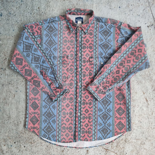 Wrangler Shirt Adult XL 17 17.5 Blue Brushpopper Striped Aztec Rodeo Western