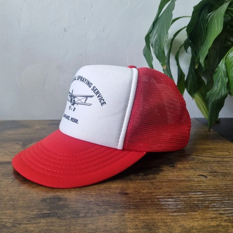 Vintage American Trucker Hat Snapback cap one size ariel spraying plane white red