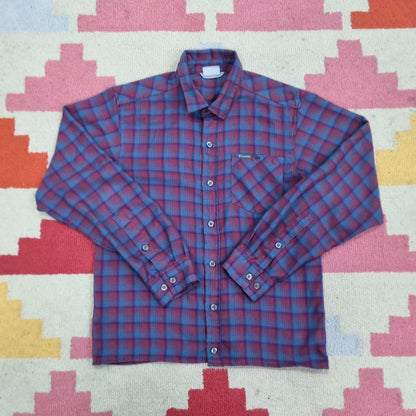 Vintage Columbia Boxy Fit Cropped Shirt Long Sleeve Small Check burgundy blue Button Up Skater