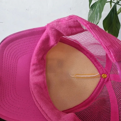 Vintage American Trucker Hat Snapback cap one size adjustable pink white farm discovery truck