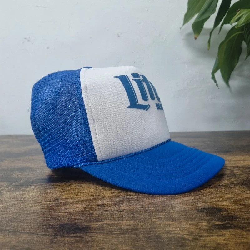 Vintage American Trucker Hat Snapback cap one size adjustable blue white Miller lite beer