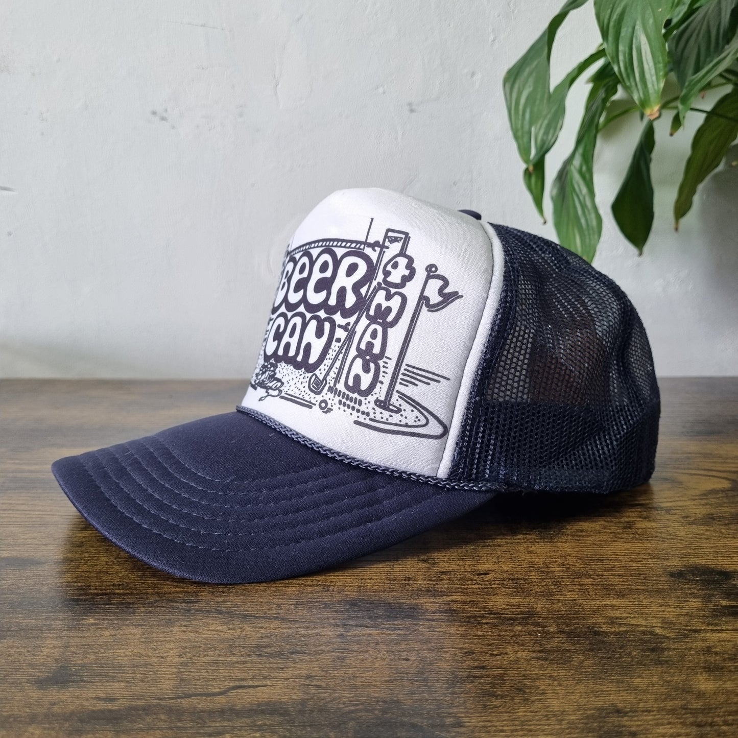 Vintage American Trucker Hat Snapback cap one size navy white beer can