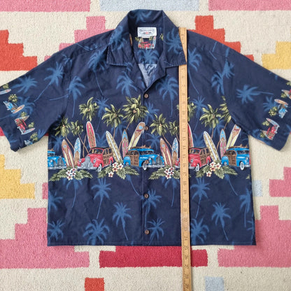 Vintage hawaii Boxy Fit Cropped Shirt Short Sleeve large print Blue Button Up Skater Y2K Surf