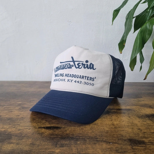 Vintage American lumber Trucker Hat snapback cap one size adjustable 90s navy white