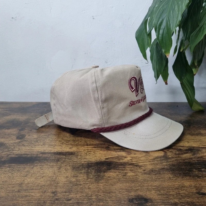 Vintage American Trucker Hat Snapback cap one size adjustable beige silver and leather