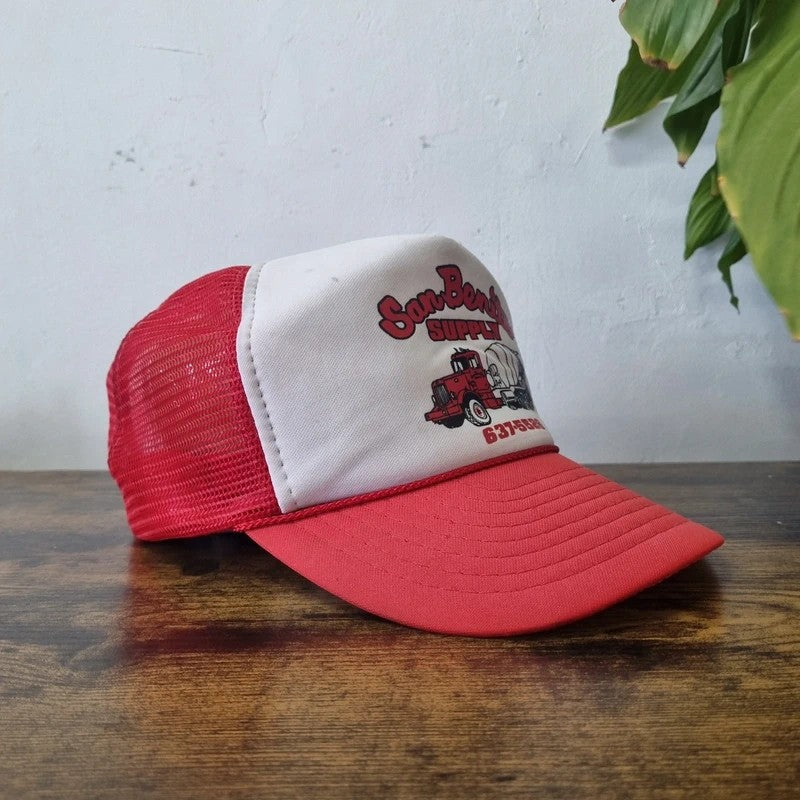 Vintage American Trucker Hat Snapback cap one size red white san bonito concrete mixer