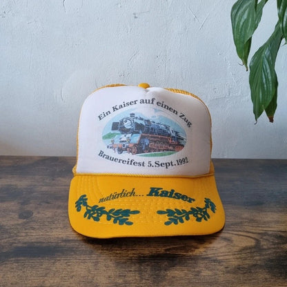 Vintage German Trucker Hat Snapback cap one size adjustable yellow white beer festival train 92
