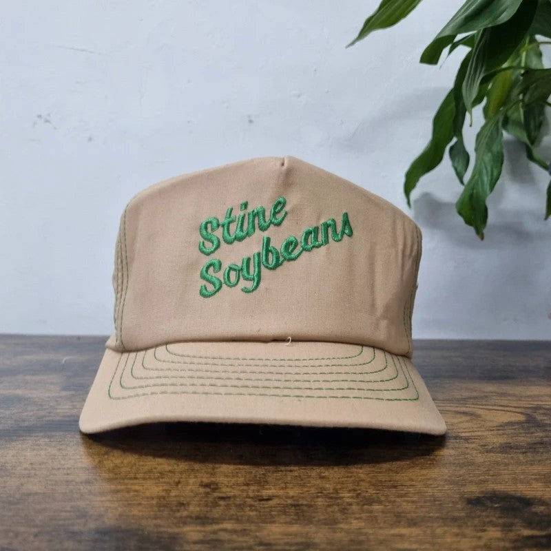 Vintage American Trucker Hat Snapback cap one size adjustable beige stine soyabean