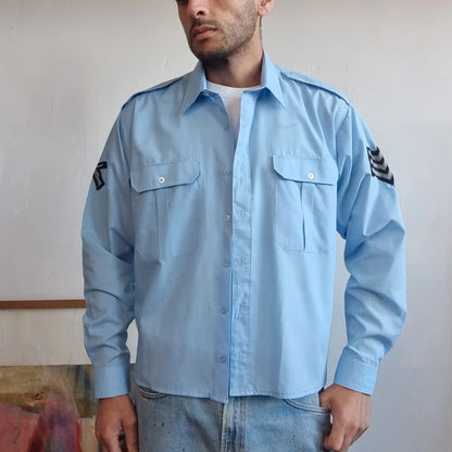 Vintage military Army Boxy Fit Cropped Shirt Long Sleeve medium plain Blue Button Up Skater Y2K