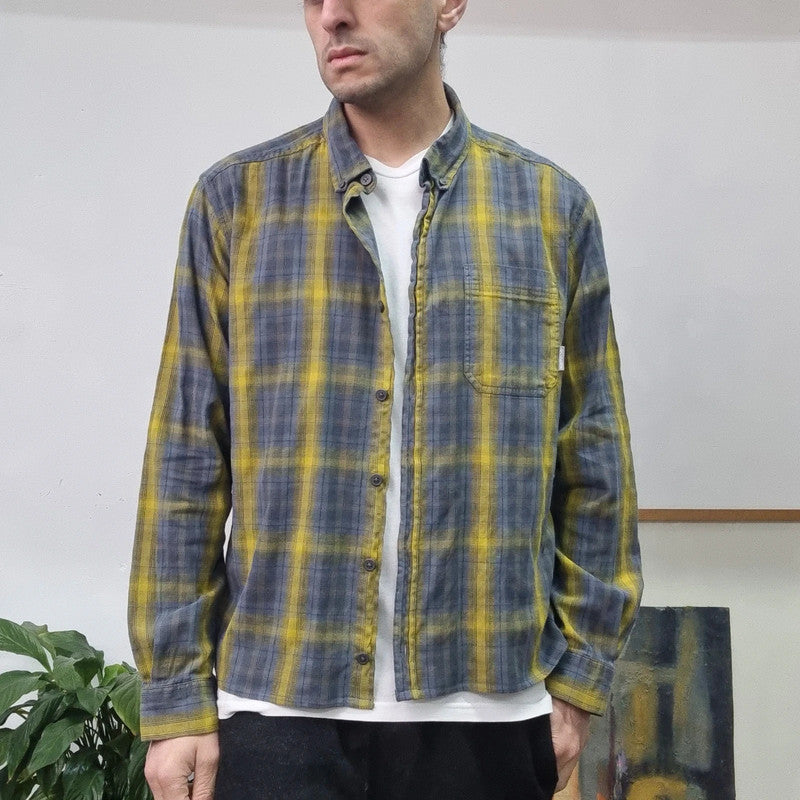Vintage Columbia Boxy Fit Cropped Shirt Long Sleeve Large Check Blue Button Up Skater Y2K Surf