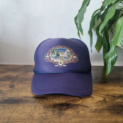 Vintage American Trucker Hat Snapback cap one size adjustable dark purple palm tree
