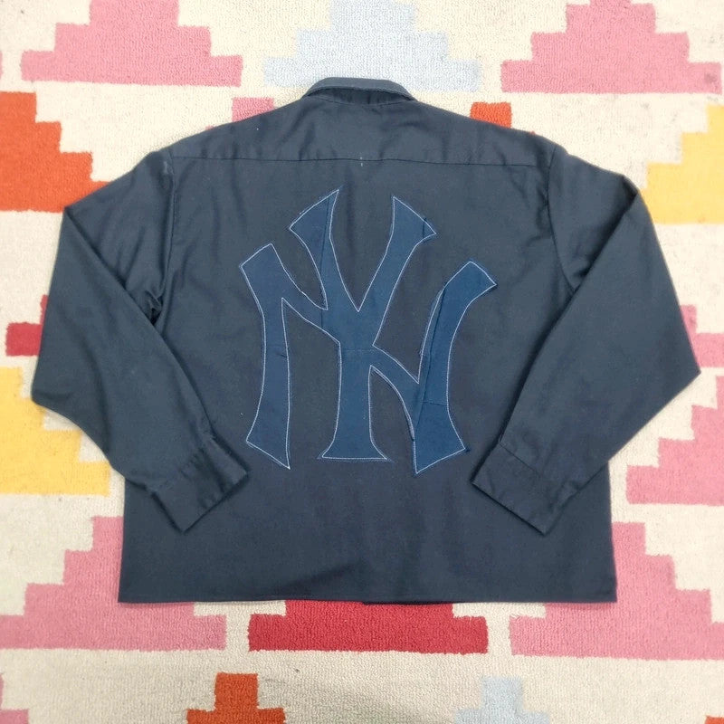 Vintage Dickies Boxy Fit Cropped Shirt long Sleeve large plain Black Button Up NY